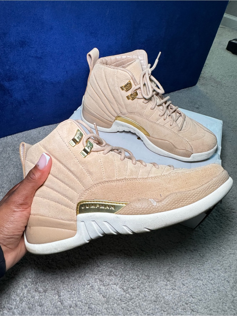 Women's Air Jordan Retro 12 Sneakers in Beige with Gold Trim